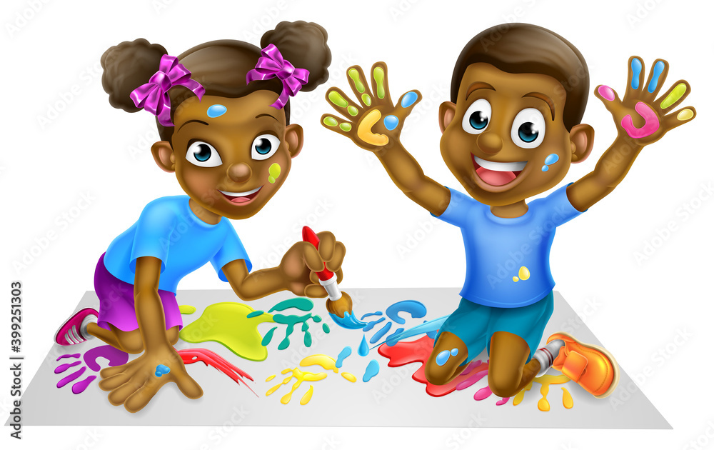 Cartoon happy black boy and girl having fun painting pictures