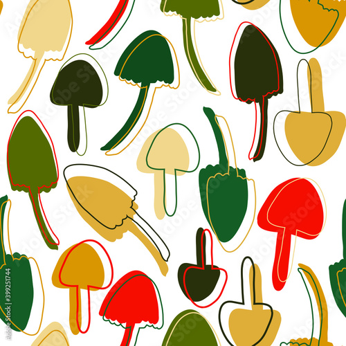 seamless vector repeat pattern with simple mushroom shapes in various colours on a white background
