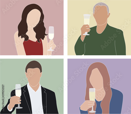 Christmas Party Online Vector Illustration. People celebrating New Year via video call