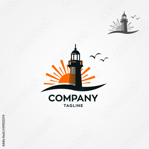 lighthouse with sunset silhouette illustration logo template