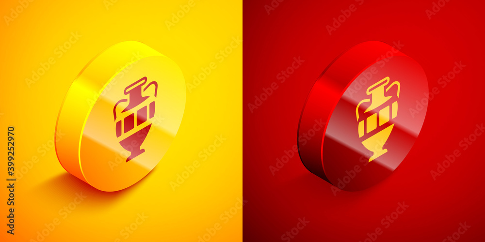 Fototapeta premium Isometric Ancient amphorae icon isolated on orange and red background. Circle button. Vector.
