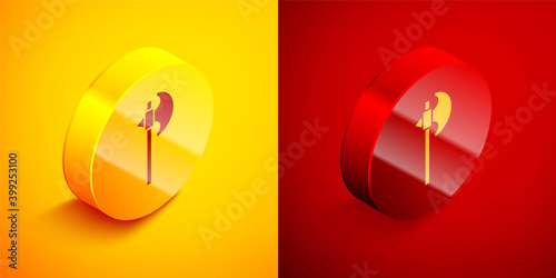 Isometric Medieval axe icon isolated on orange and red background. Battle axe, executioner axe. Medieval weapon. Circle button. Vector.