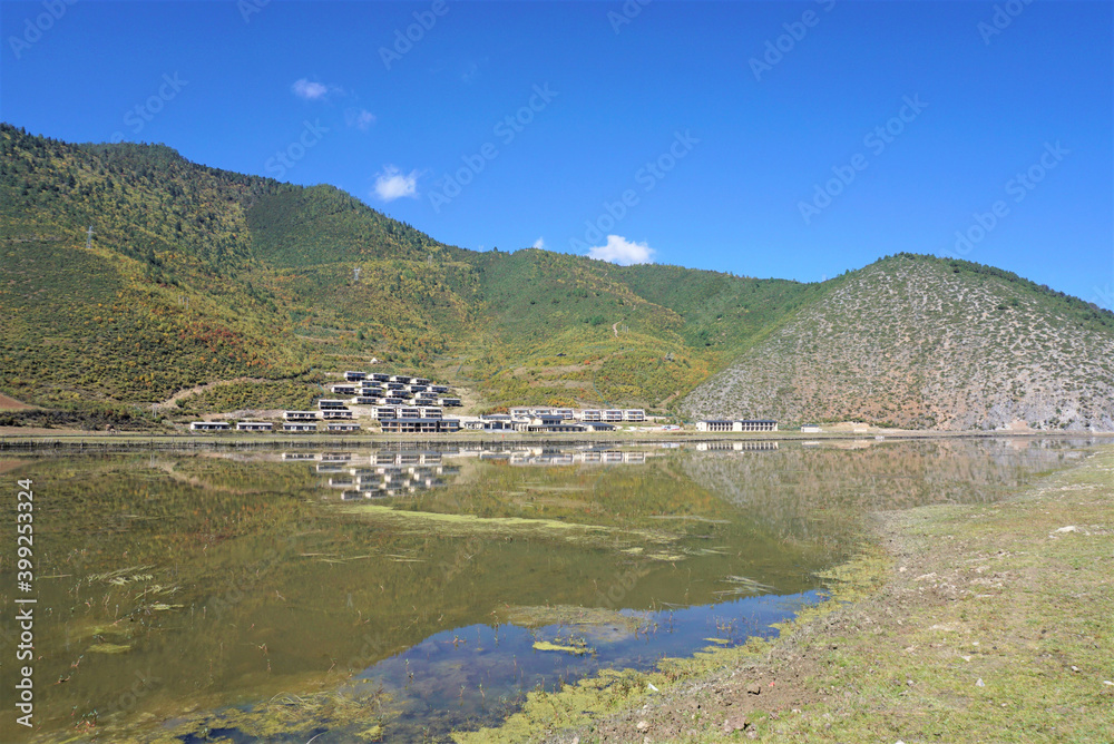 Napa Lake surrounded by Mountain in Shangri La, Yunnan Province, China.