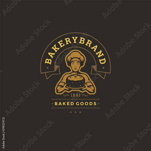 Bakery badge or label retro vector illustration. Baker man holding bread silhouette for bakehouse.