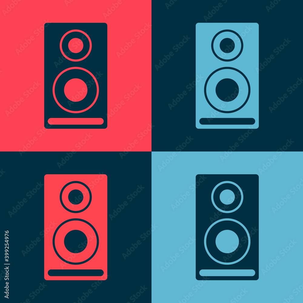 Pop art Stereo speaker icon isolated on color background. Sound system speakers. Music icon. Musical column speaker bass equipment. Vector. Pop art Stereo speaker icon isolated on color background. Sound system speakers. Music icon. Musical column speaker bass equipment. Vector.