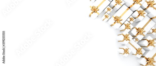 View from the flat lay of the white gift box wrapped in gold ribbon With New Year and Christmas decorations on white background. Background layout concept, festive greeting background. 3D Rendering