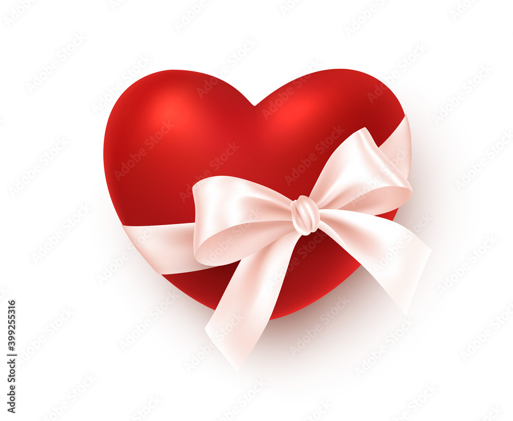 Realistic red heart with white silk ribbon bow isolated on white background. Festive design element for Happy Valentines Day greetings. Vector illustration Realistic red heart with white silk ribbon bow isolated on white background. Festive design element for Happy Valentines Day greetings. Vector illustration