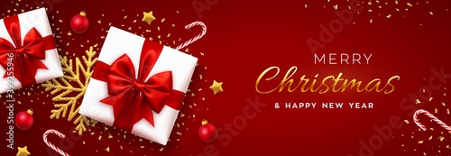 Christmas banner. Realistic white gift boxes with red bow  gold stars  shiny golden snowflake  balls and candy canes. Xmas red background  horizontal poster  greeting card  header website. Vector.