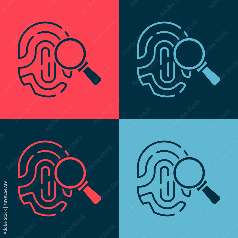 Pop art Magnifying glass with fingerprint icon isolated on color background. Identification sign. Vector.