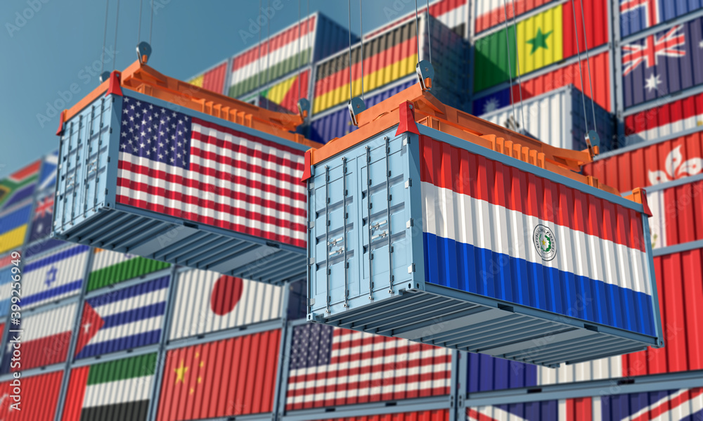 Freight containers with USA and Paraguay national flags. 3D Rendering 