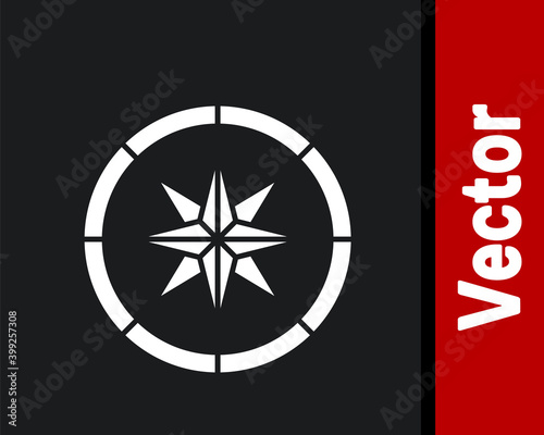 White Compass icon isolated on black background. Windrose navigation symbol. Wind rose sign. Vector.