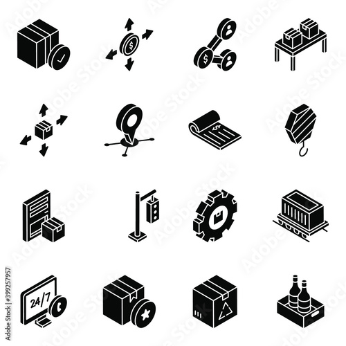 
Pack of Logistic and Shipment Glyph Isometric Icons 
