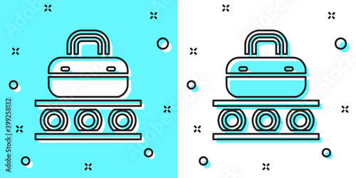 Black line Airport conveyor belt with passenger luggage, suitcase, bag, baggage icon isolated on green and white background. Random dynamic shapes. Vector.