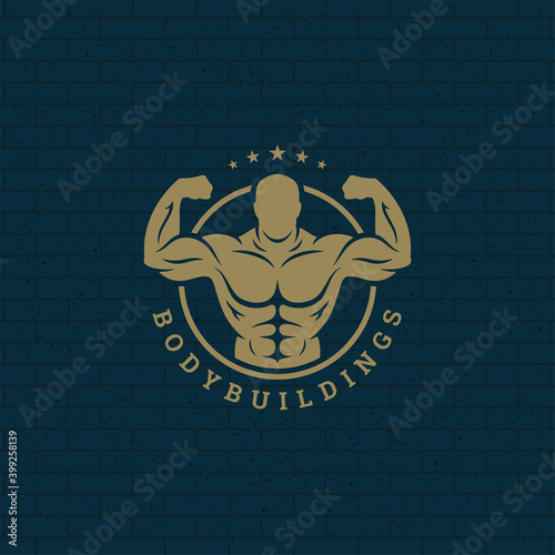 Bodybuilder man logo or badge vector illustration male bodybuilding symbol silhouette