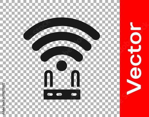 Black Router and wi-fi signal icon isolated on transparent background. Wireless ethernet modem router. Computer technology internet. Vector.