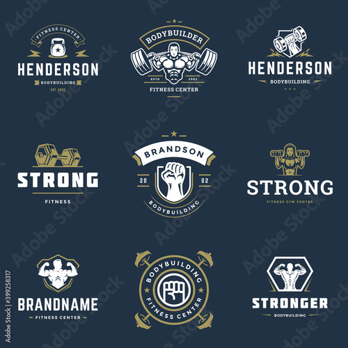 Fitness center and sport gym logos and badges design set vector illustration.