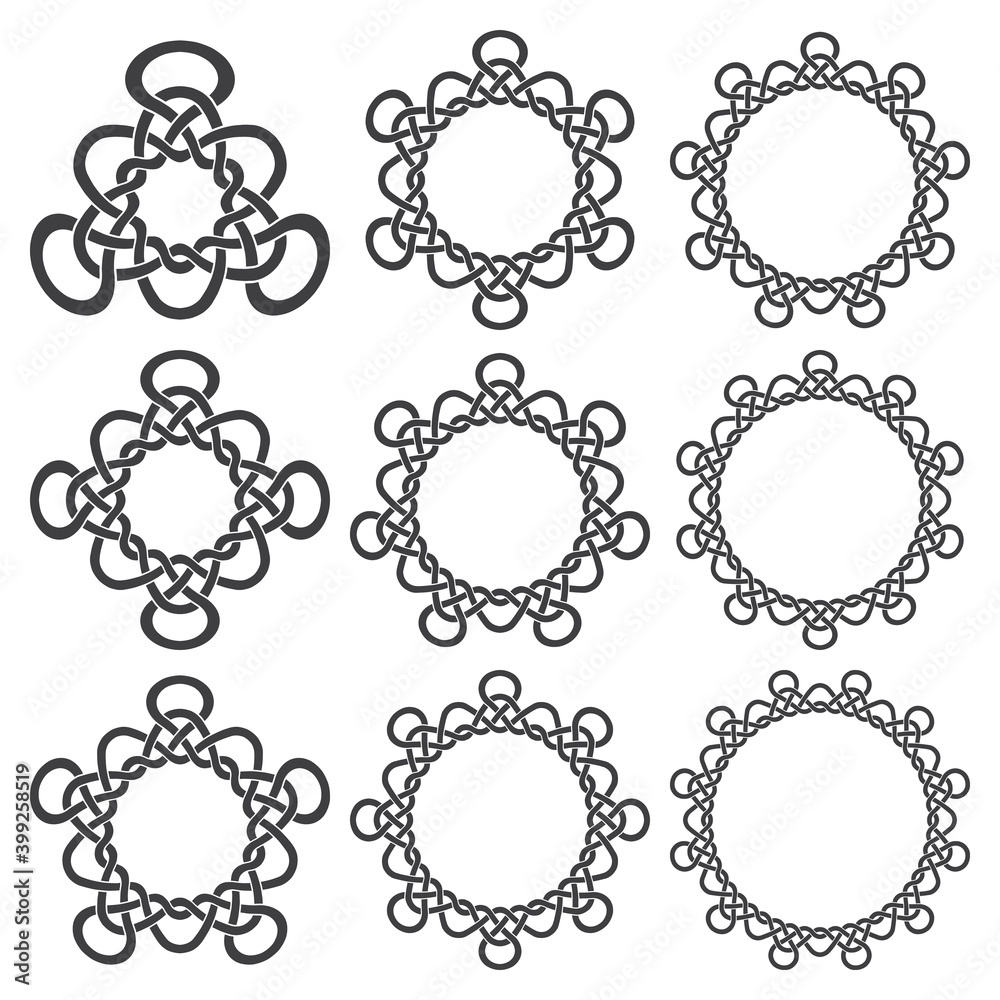 Set of round frames. Nine decorative elements for logo design with stripes braiding borders. Black lines on white background. Set of round frames. Nine decorative elements for logo design with stripes braiding borders. Black lines on white background.