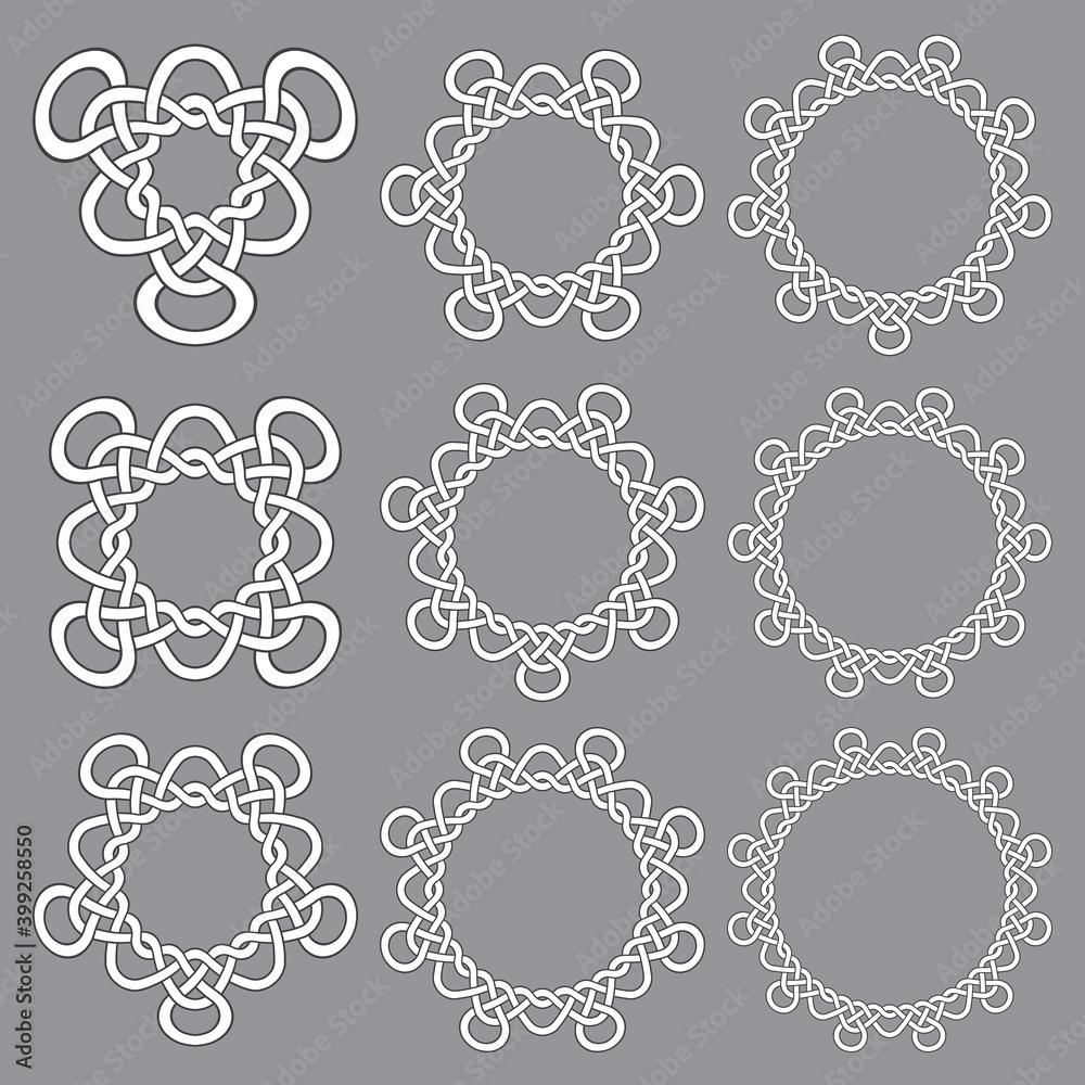 Set of round frames. Nine decorative elements for logo design with stripes braiding borders. White lines with black strokes on gray background. Set of round frames. Nine decorative elements for logo design with stripes braiding borders. White lines with black strokes on gray background.