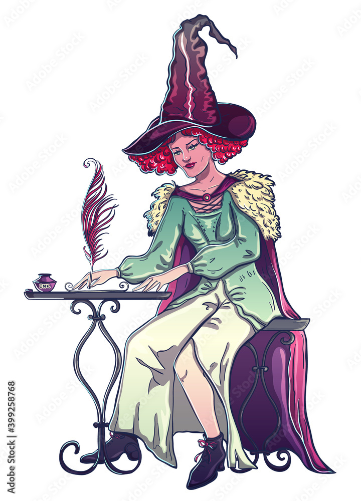 Witch sits at the table and writes a letter with pen and ink. Vector illustration