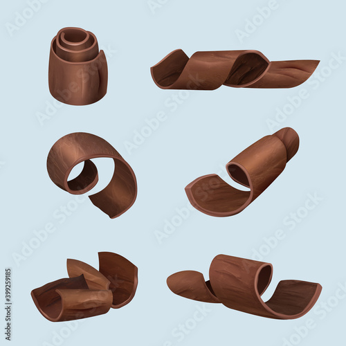 Shaving chocolate. Gourmet products delicious food dark curl of chocolate vector realistic illustrations. Chocolate piece delicious shaving, product ingredient collection curl