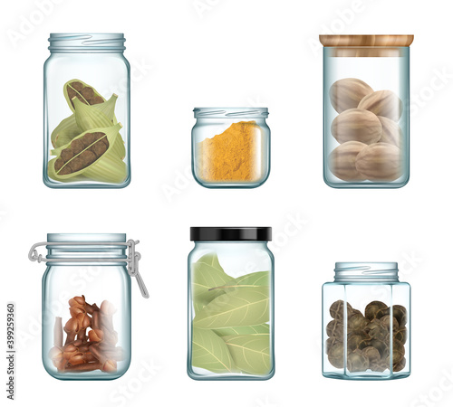 Kitchen seasoning. Spices in glass bottles and jar gourmet herbs for cooking vector natural products realistic set. Natural glass container for spice, package utensil to cooking illustration