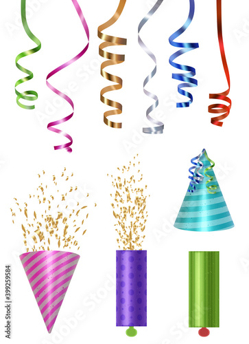 Party elements. Colored caps party poppers glossy serpentine and confetti vector realistic illustrations. Birthday party festive elements to anniversary holiday
