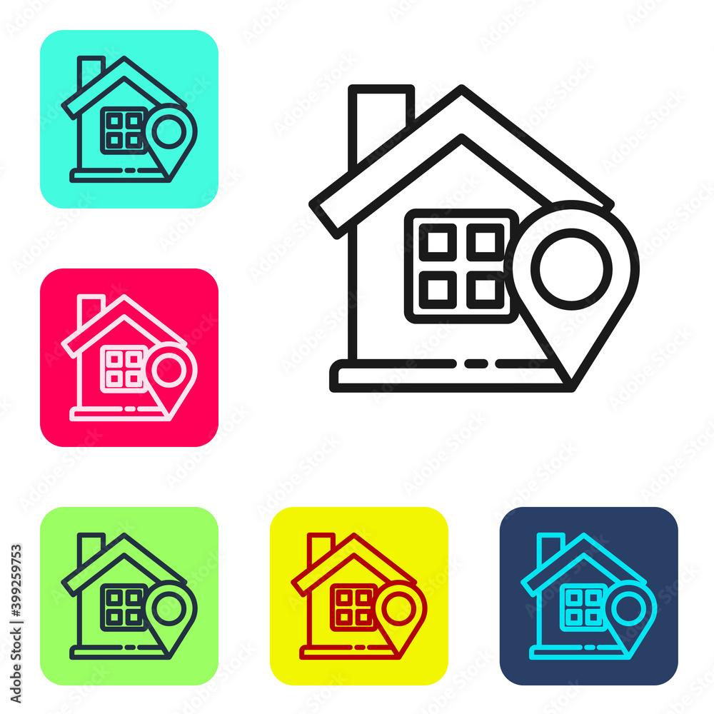 Black line Map pointer with house icon isolated on white background. Home location marker symbol. Set icons in color square buttons. Vector Illustration. Black line Map pointer with house icon isolated on white background. Home location marker symbol. Set icons in color square buttons. Vector Illustration.