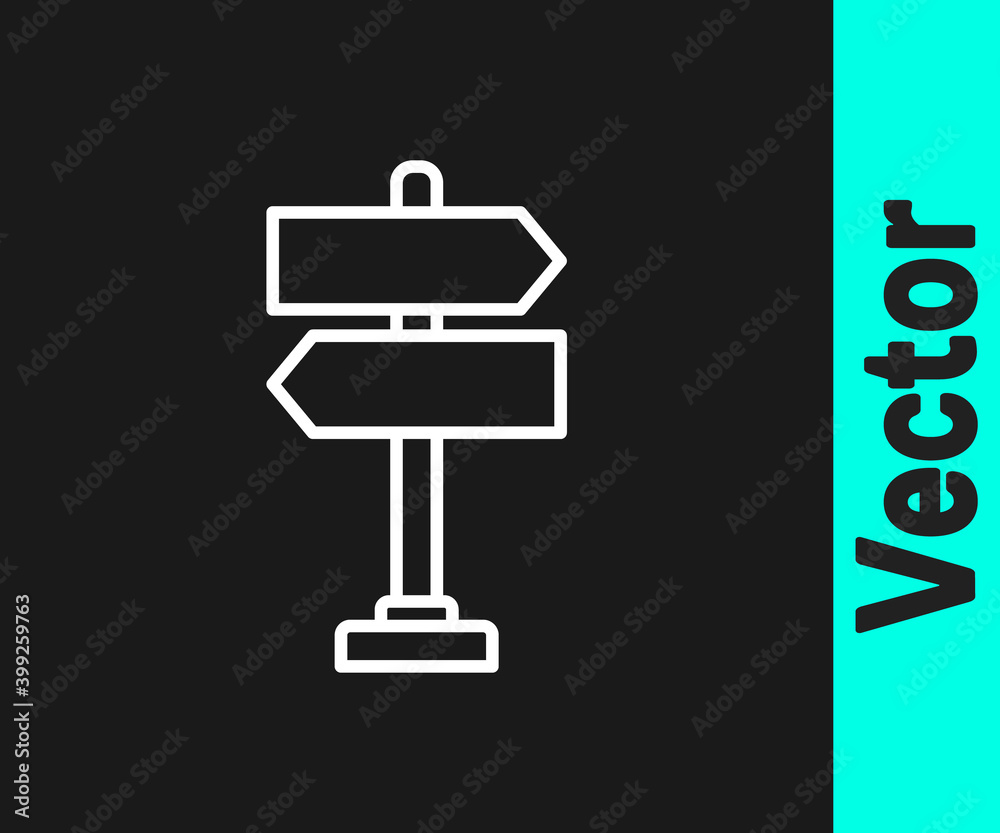 White line Road traffic sign. Signpost icon isolated on black background. Pointer symbol. Isolated street information sign. Direction sign. Vector Illustration. White line Road traffic sign. Signpost icon isolated on black background. Pointer symbol. Isolated street information sign. Direction sign. Vector Illustration.