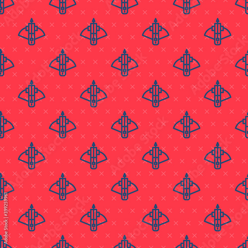 Blue line Battle crossbow with arrow icon isolated seamless pattern on red background. Vector.