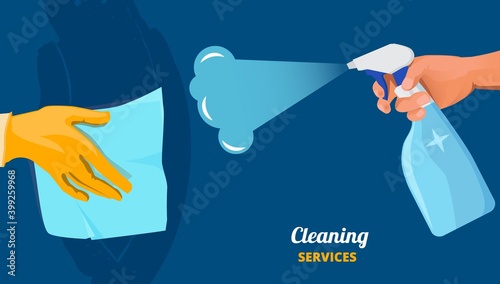 Cleaning service. Clean surface, hands with spray and fabric. Arm wipes wall or desk vector illustration. Cleanup surface, prevention cleaning and wipe disinfect