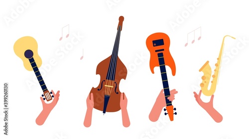 Hands holding music instruments. Guitar, strings and winds musical orchestra vector banner. Illustration musical instrument, saxophone and guitar