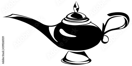 Black and white magic lamp. Antique object in monochrome style.