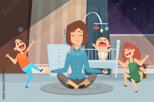 Meditation mother. Calm woman and crazy children. Young mom in room with kids at night vector illustration. Mother meditation, parent and child in room