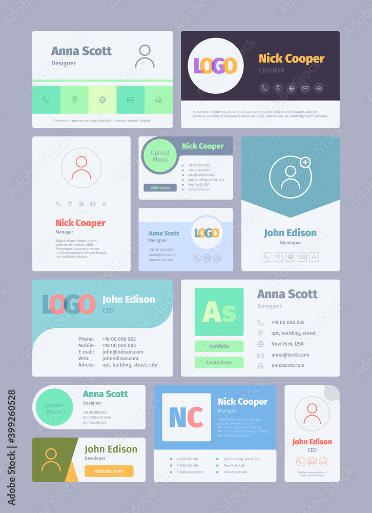 Forms for email signature. Business card for email authors emailer designs web ui garish vector template. Email signature, mail business profile illustration Forms for email signature. Business card for email authors emailer designs web ui garish vector template. Email signature, mail business profile illustration