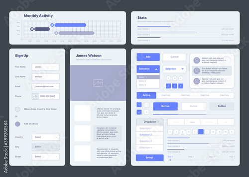 Ui template. Web dashboard elements buttons dividers menu symbols ux layout garish vector collection. Illustration report responsive software, user homepage button