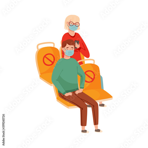 People Characters in Medical Face Mask Sitting at Public Transport Vector Illustration