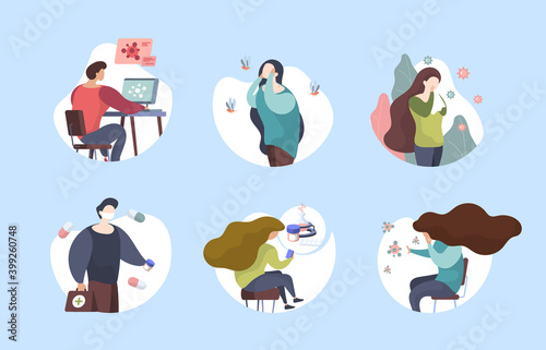 Allergy symptoms flat. Sickness people allergy reaction medicine help respiratory drugs symbols garish vector illustrations. Reaction allergic, allergen sick, allergy disease