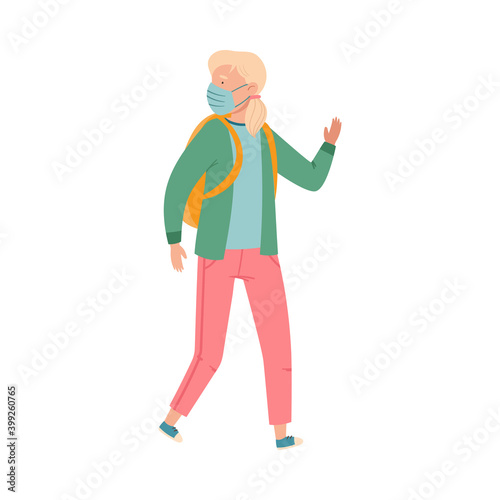Teenager Girl with Backpack Wearing Medical Face Mask Walking Outdoor Vector Illustration