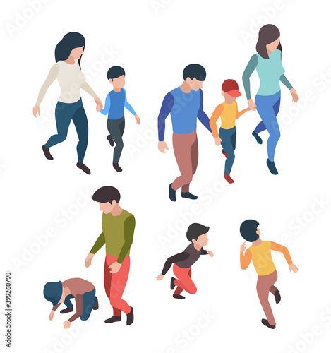 Family isometric. People father mother children playing walking happy parents garish vector persons. Mother and father family with kids walking illustration