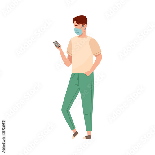 Man in Protective Face Mask Standing Outdoor with Smartphone Social Distancing Vector Illustration