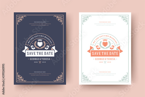 Wedding invitation save the date card typographic elegant template vector illustration.