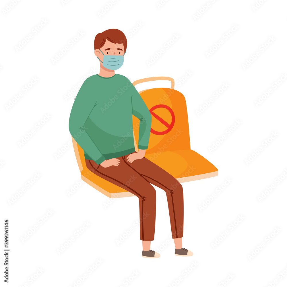 Young Man in Medical Face Mask Sitting at Public Transport Vector Illustration Young Man in Medical Face Mask Sitting at Public Transport Vector Illustration