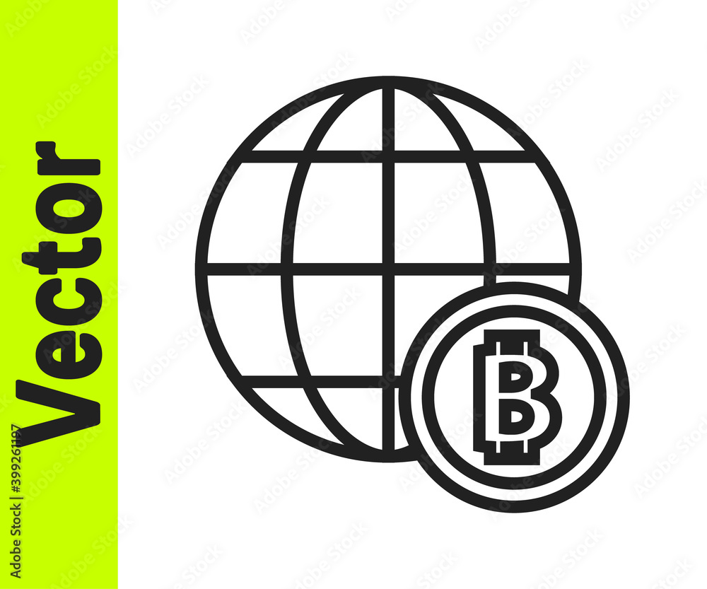 Black line Globe and cryptocurrency coin Bitcoin icon isolated on white background. Physical bit coin. Blockchain based secure crypto currency. Vector. Black line Globe and cryptocurrency coin Bitcoin icon isolated on white background. Physical bit coin. Blockchain based secure crypto currency. Vector.