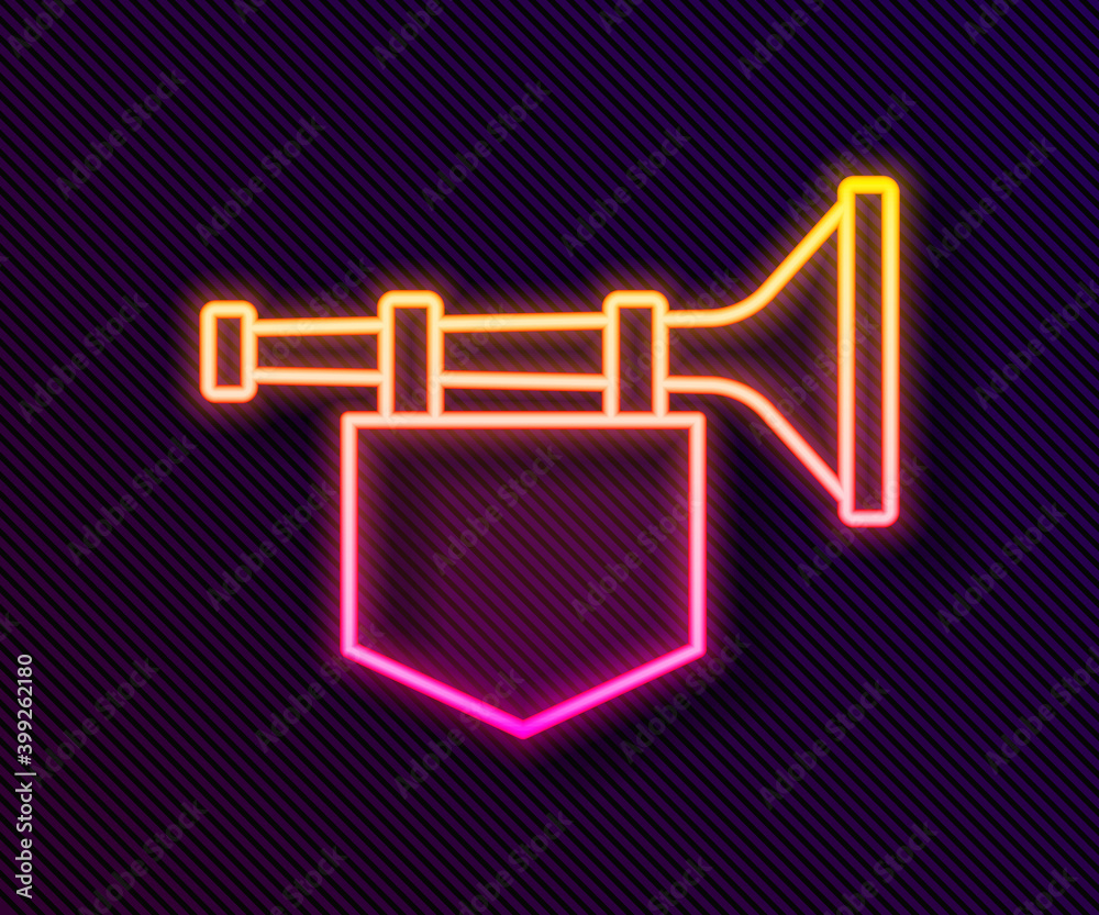 Glowing neon line Trumpet with flag icon isolated on black background. Musical instrument trumpet. Vector. Glowing neon line Trumpet with flag icon isolated on black background. Musical instrument trumpet. Vector.