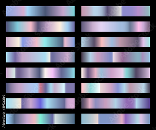 Colorful holographic gradient colection. Set of gradients with hologram effect. Trendy holographic foil texture for your design. Isolated on black background. Vector EPS 10.