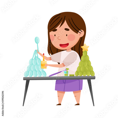 Little Girl Crafting from Disposable Spoons Sticking with Glue Vector Illustration