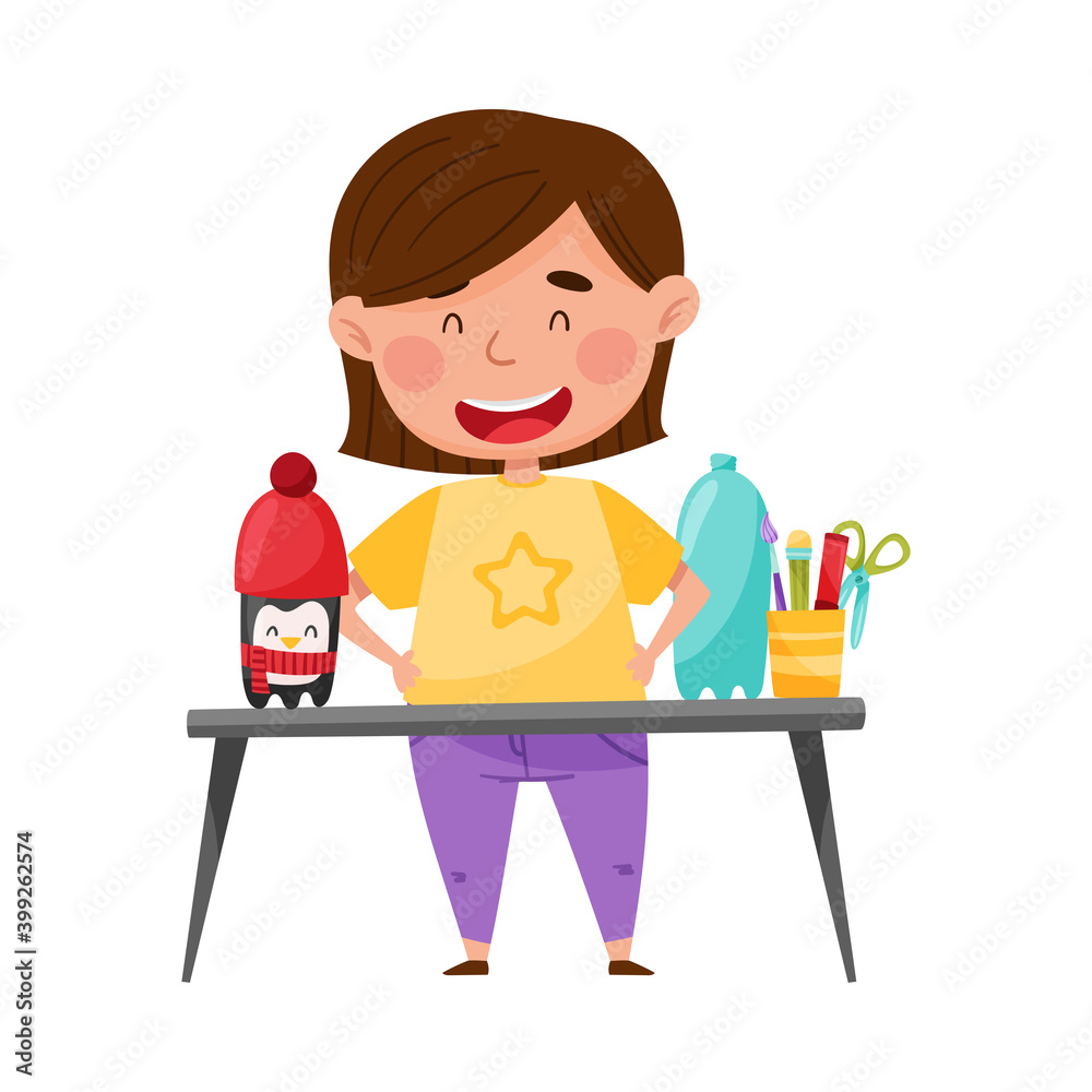 Creative Girl at Desk Crafting Penguin from Used Plastic Bottle Vector Illustration Creative Girl at Desk Crafting Penguin from Used Plastic Bottle Vector Illustration