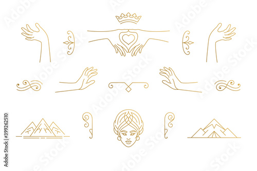 Vector line feminine decoration design elements set - female face and gesture hands illustrations minimal linear style
