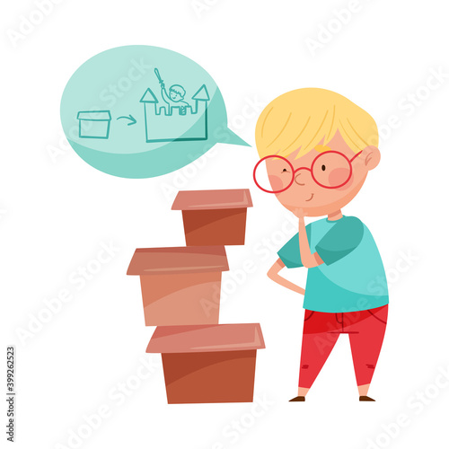 Little Boy Thinking of Modeling Castle from Cardboard Box Vector Illustration