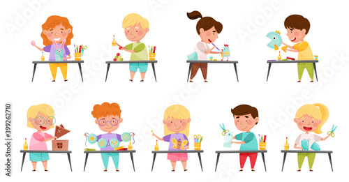Inventive Kids Engaged in Upcycling Reusing Recyclable Materials Vector Set